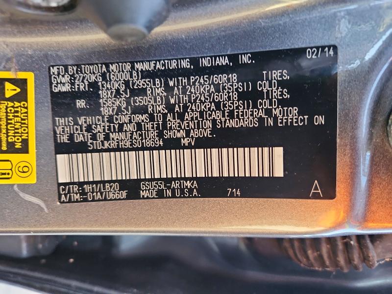 Продажа на аукционе авто 2014 Toyota Highlander, vin: 5TDJKRFH9ES018694, номер лота: 79133955