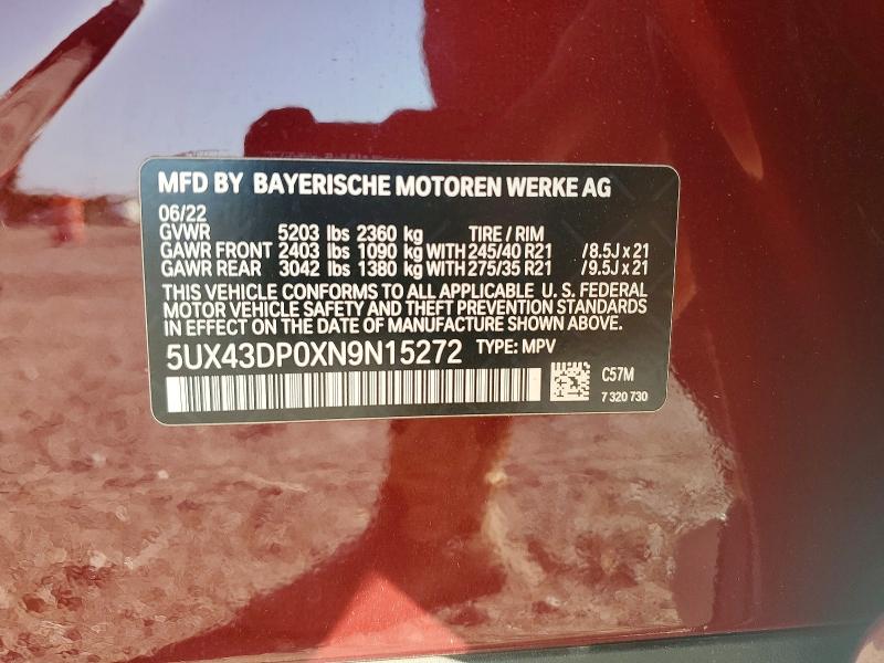 Aukcja sprzedaży 2022 Bmw X3, vin: 5UX43DP0XN9N15272, numer aukcji: 61938206
