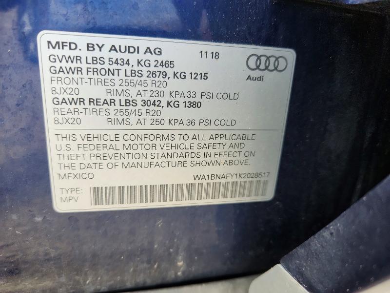 61559116 :رقم المزاد ، WA1BNAFY1K2028517 vin ، 2019 Audi Q5 مزاد بيع