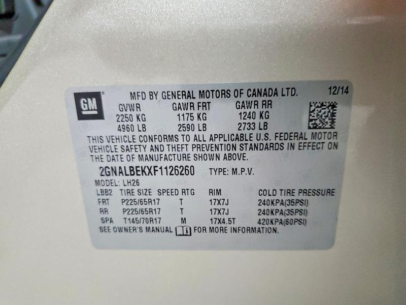62661976 :رقم المزاد ، 2GNALBEKXF1126260 vin ، 2015 Chevrolet Equinox مزاد بيع