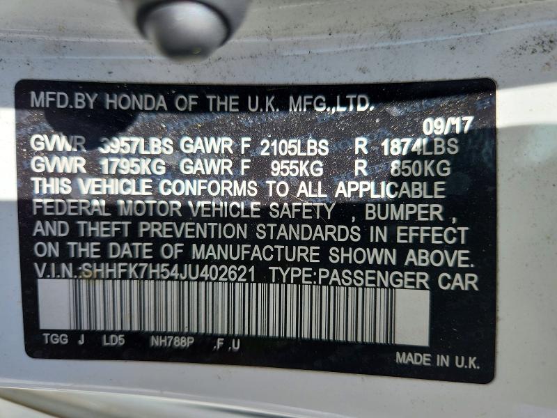 Продаж на аукціоні авто 2018 Honda Civic, vin: SHHFK7H54JU402621, номер лоту: 60597746
