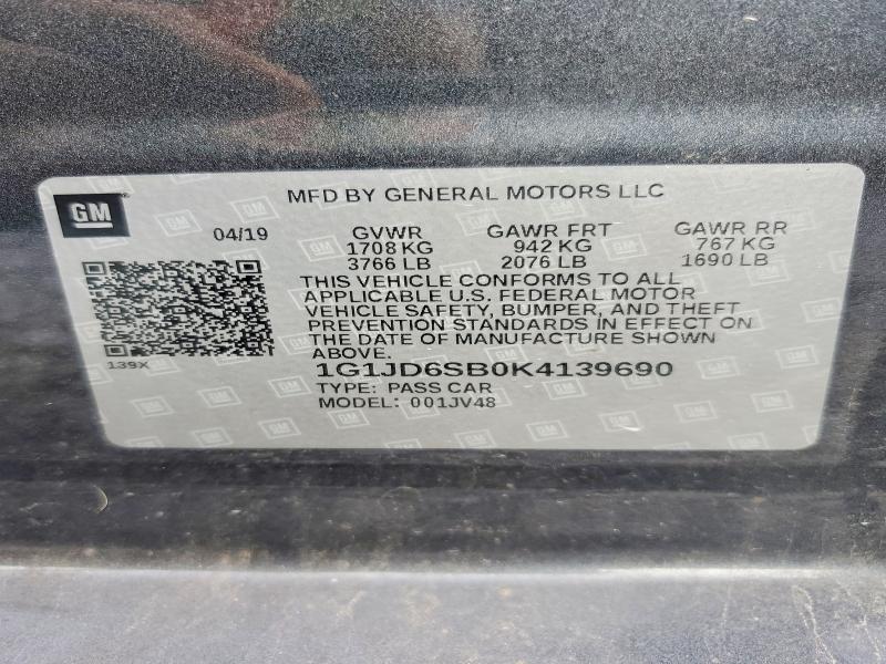 2019 Chevrolet Sonic მანქანა იყიდება აუქციონზე, vin: 1G1JD6SB0K4139690, აუქციონის ნომერი: 61607696