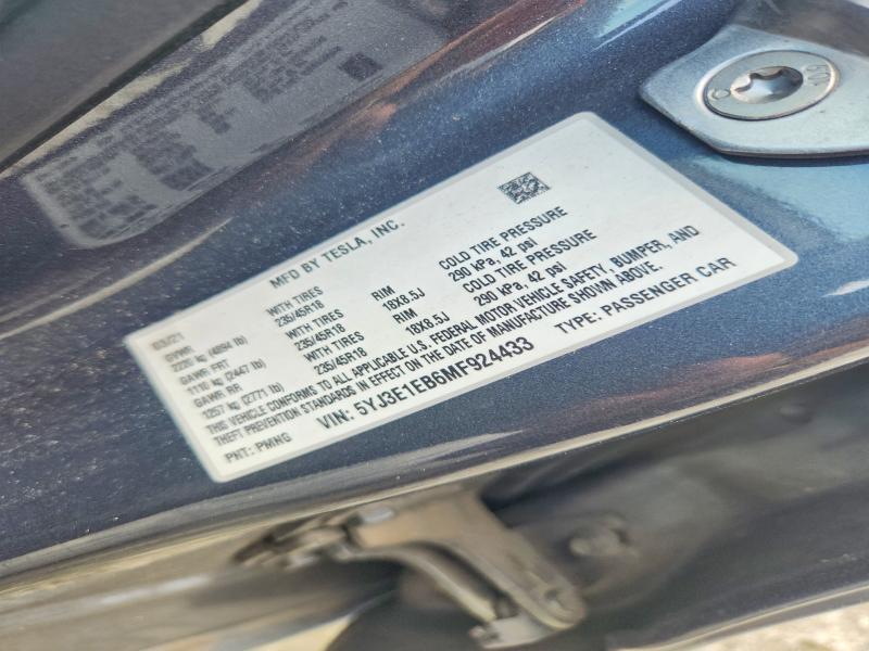Продажа на аукционе авто 2021 Tesla Model 3, vin: 5YJ3E1EB6MF924433, номер лота: 62298386