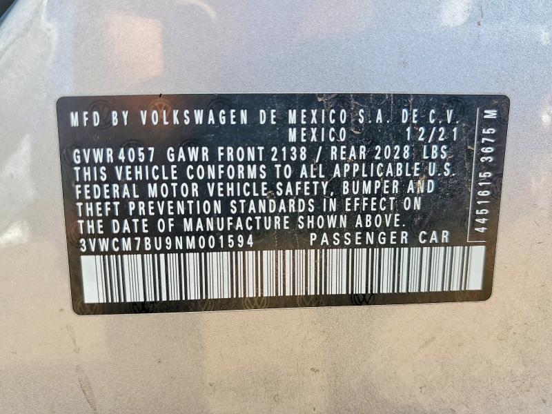 62637006 :رقم المزاد ، 3VWCM7BU9NM001594 vin ، 2022 Volkswagen Jetta مزاد بيع