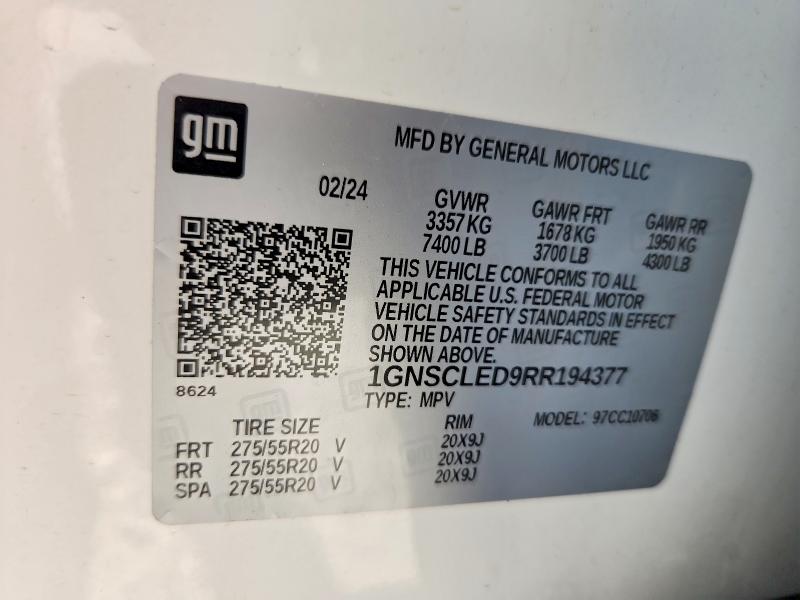 60677926 :رقم المزاد ، 1GNSCLED9RR194377 vin ، 2024 Chevrolet Tahoe مزاد بيع