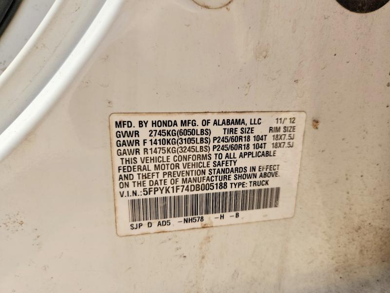 2013 Honda Ridgeline მანქანა იყიდება აუქციონზე, vin: 5FPYK1F74DB005188, აუქციონის ნომერი: 59913756