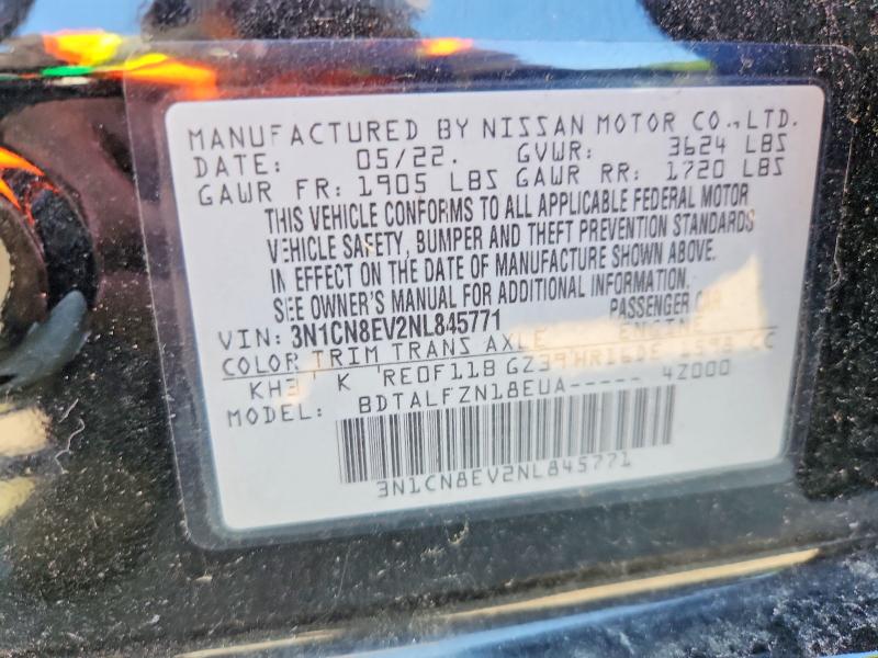 61796226 :رقم المزاد ، 3N1CN8EV2NL845771 vin ، 2022 Nissan Versa مزاد بيع