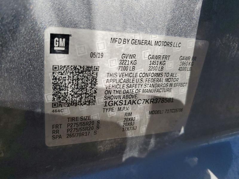 Aukcja sprzedaży 2019 Gmc Yukon, vin: 1GKS1AKC7KR378581, numer aukcji: 59311886