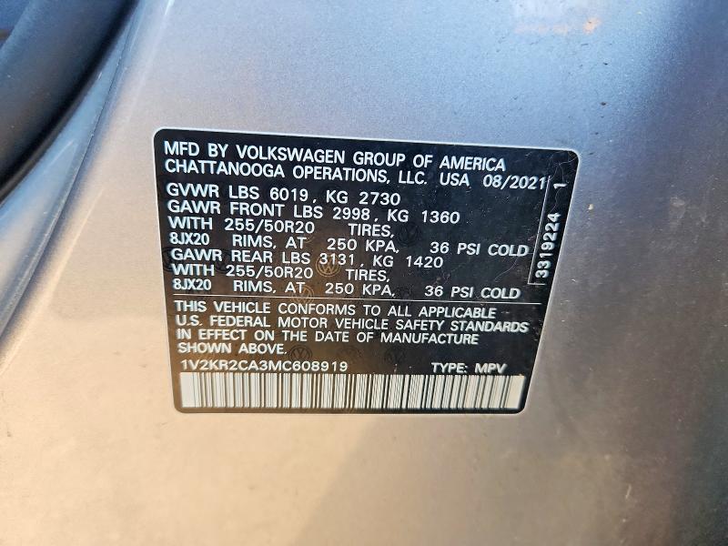 2021 Volkswagen Atlas მანქანა იყიდება აუქციონზე, vin: 1V2KR2CA3MC608919, აუქციონის ნომერი: 60553566
