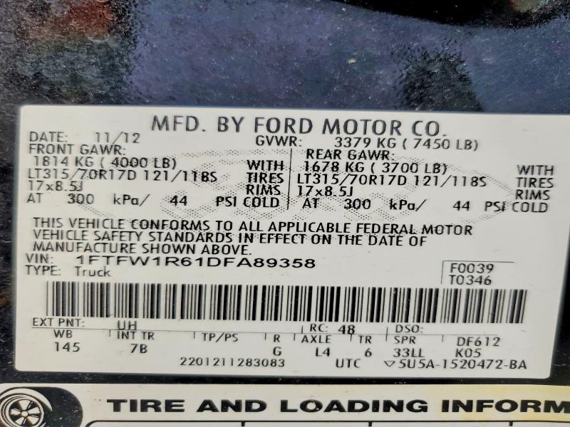 59838996 :رقم المزاد ، 1FTFW1R61DFA89358 vin ، 2013 Ford F150 مزاد بيع