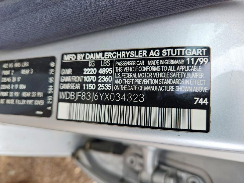 2000 Mercedes-benz E მანქანა იყიდება აუქციონზე, vin: WDBJF83J6YX034323, აუქციონის ნომერი: 61947786