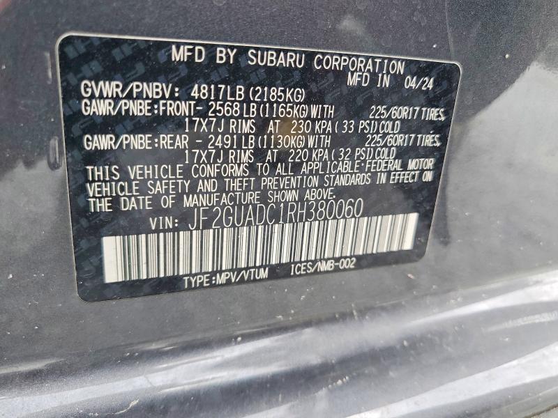 Aukcja sprzedaży 2024 Subaru Crosstrek, vin: JF2GUADC1RH380060, numer aukcji: 61539636