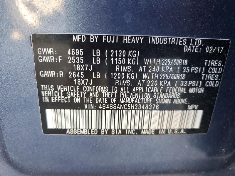 60654686 :رقم المزاد ، 4S4BSANC5H3348376 vin ، 2017 Subaru Outback مزاد بيع