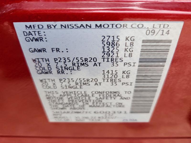 Продаж на аукціоні авто 2015 Nissan Pathfinder, vin: 5N1AR2MM7FC600391, номер лоту: 59607926