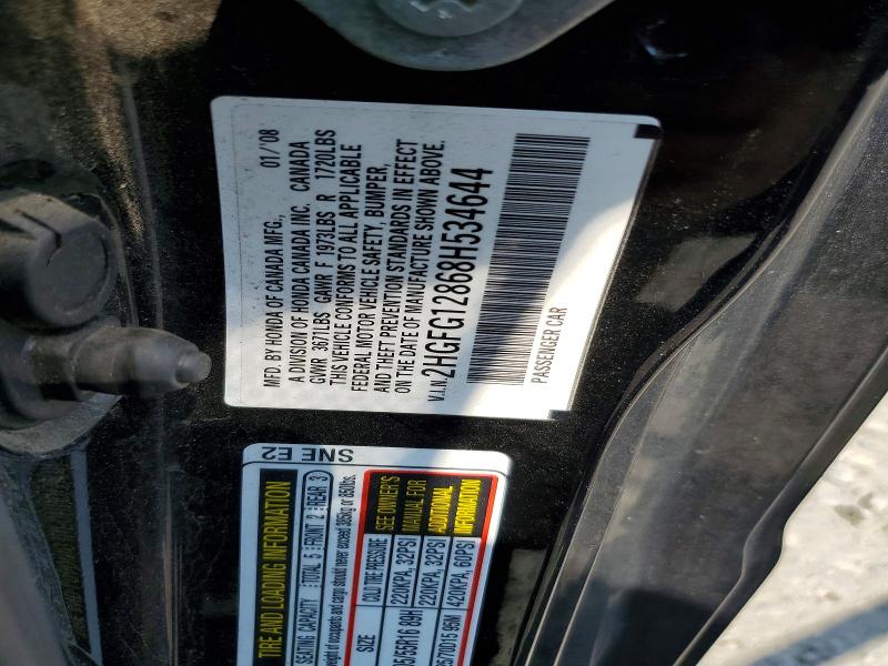 2008 Honda Civic მანქანა იყიდება აუქციონზე, vin: 2HGFG12868H534644, აუქციონის ნომერი: 59781476
