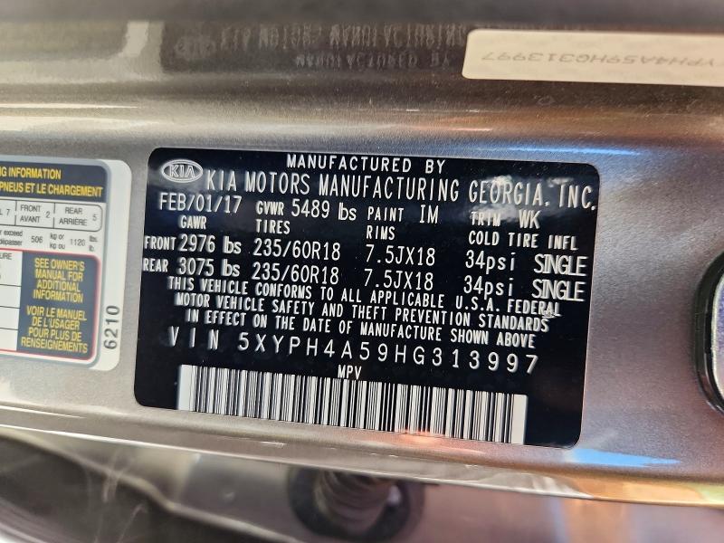 2017 Kia Sorento მანქანა იყიდება აუქციონზე, vin: 5XYPH4A59HG313997, აუქციონის ნომერი: 62853716