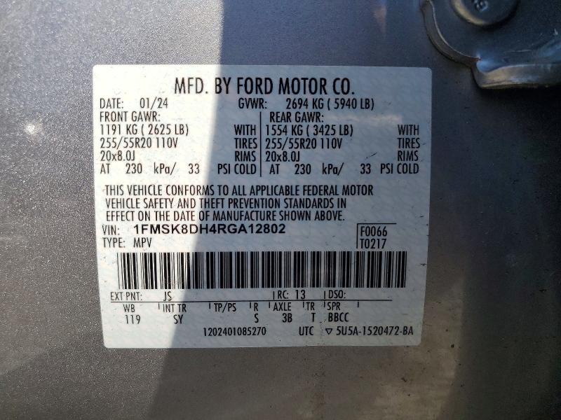 59737796 :رقم المزاد ، 1FMSK8DH4RGA12802 vin ، 2024 Ford Explorer مزاد بيع