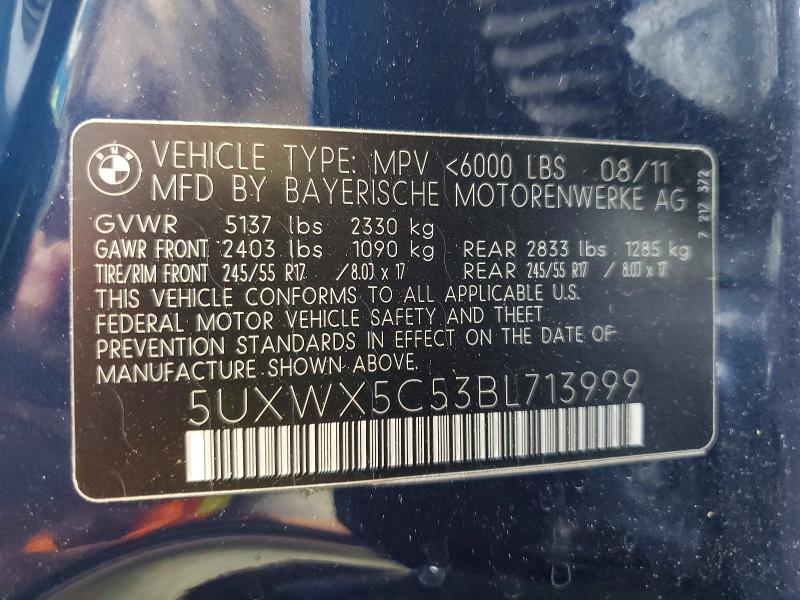 2011 Bmw X3 მანქანა იყიდება აუქციონზე, vin: 5UXWX5C53BL713999, აუქციონის ნომერი: 59895466