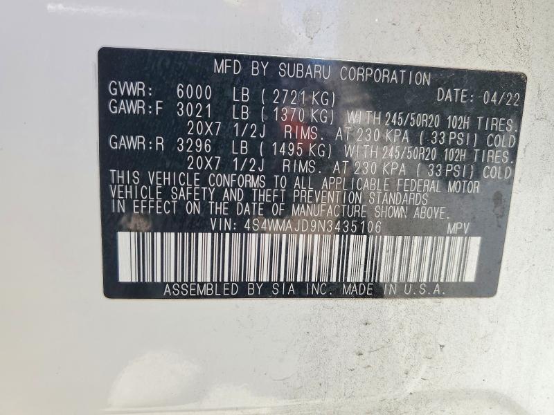 Aukcja sprzedaży 2022 Subaru Ascent, vin: 4S4WMAJD9N3435106, numer aukcji: 62433596