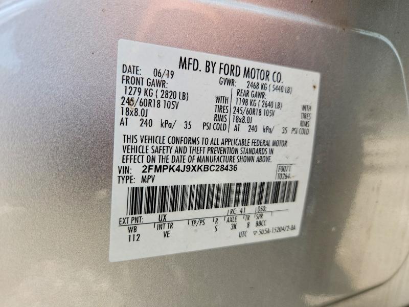 76295255 :رقم المزاد ، 2FMPK4J9XKBC28436 vin ، 2019 Ford Edge مزاد بيع