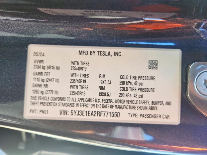 Продажа на аукционе авто 2024 Tesla Model 3, vin: 5YJ3E1EA2RF771550, номер лота: 62124976