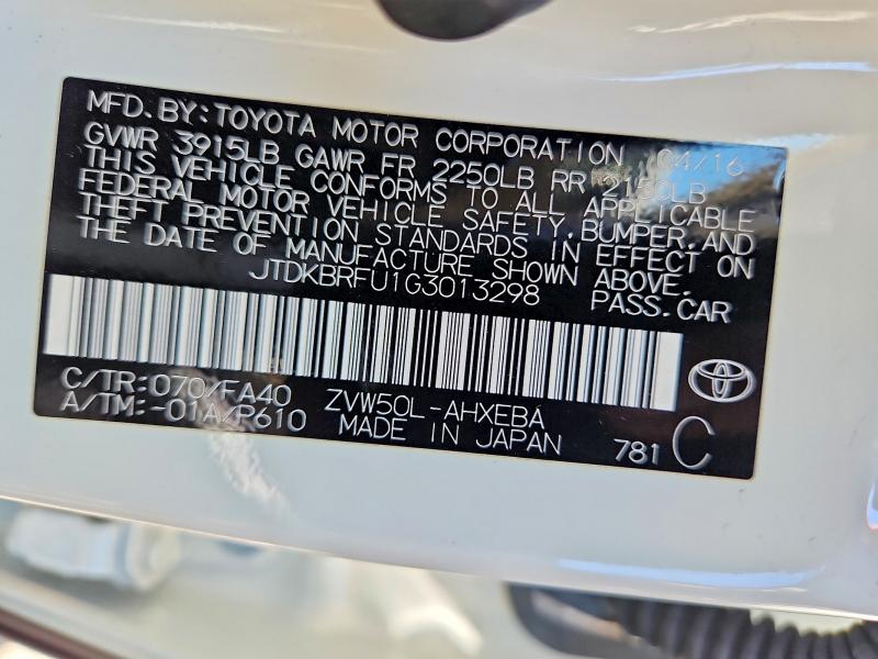 2016 Toyota Prius მანქანა იყიდება აუქციონზე, vin: JTDKBRFU1G3013298, აუქციონის ნომერი: 59282666