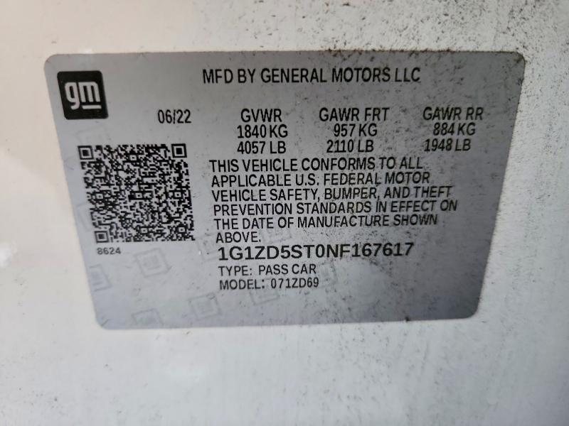 2022 Chevrolet Malibu მანქანა იყიდება აუქციონზე, vin: 1G1ZD5ST0NF167617, აუქციონის ნომერი: 62466476