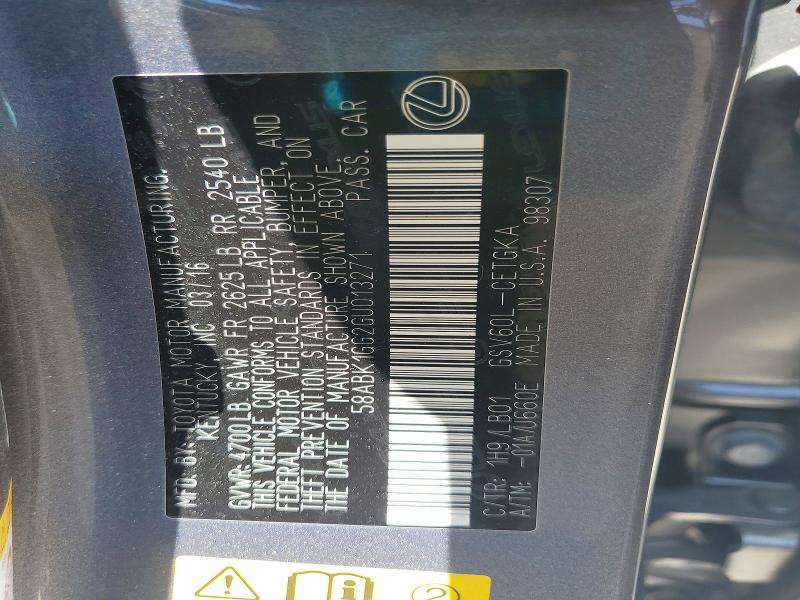 2016 Lexus Es მანქანა იყიდება აუქციონზე, vin: 58ABK1GG2GU013271, აუქციონის ნომერი: 61884856