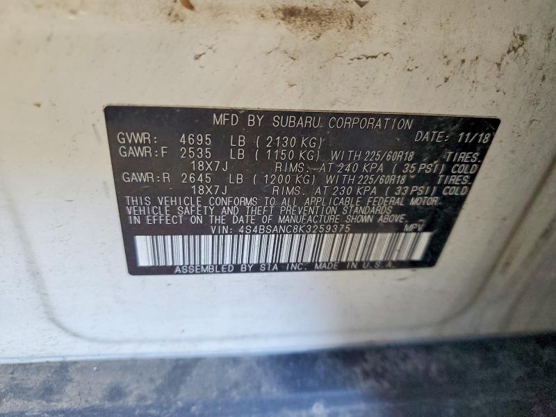 59184706 :رقم المزاد ، 4S4BSANC8K3259375 vin ، 2019 Subaru Outback مزاد بيع