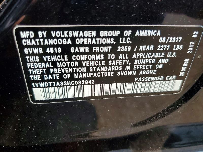 2017 Volkswagen Passat მანქანა იყიდება აუქციონზე, vin: 1VWDT7A33HC082842, აუქციონის ნომერი: 61669916