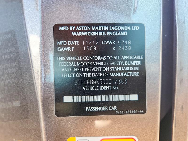 Продажа на аукционе авто 2013 Aston Martin V8, vin: SCFEKBAK5DGC17363, номер лота: 63137566