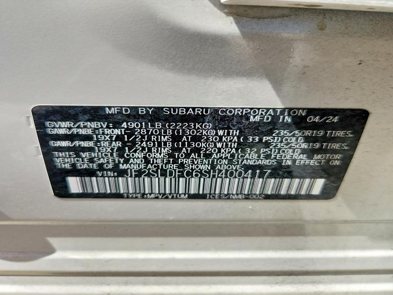 61909886 :رقم المزاد ، JF2SLDFC6SH400417 vin ، 2025 Subaru Forester مزاد بيع