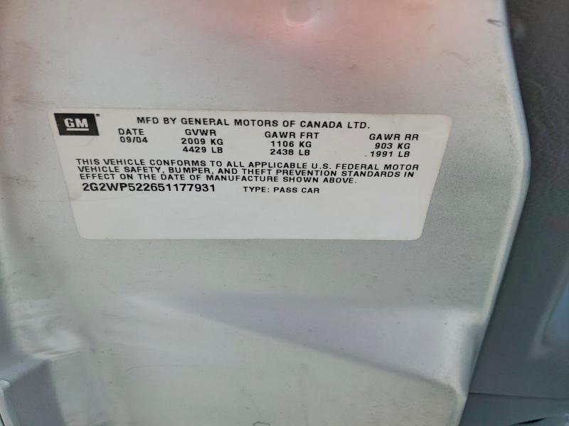 Aukcja sprzedaży 2005 Pontiac Grand Prix, vin: 2G2WP522651177931, numer aukcji: 62131626