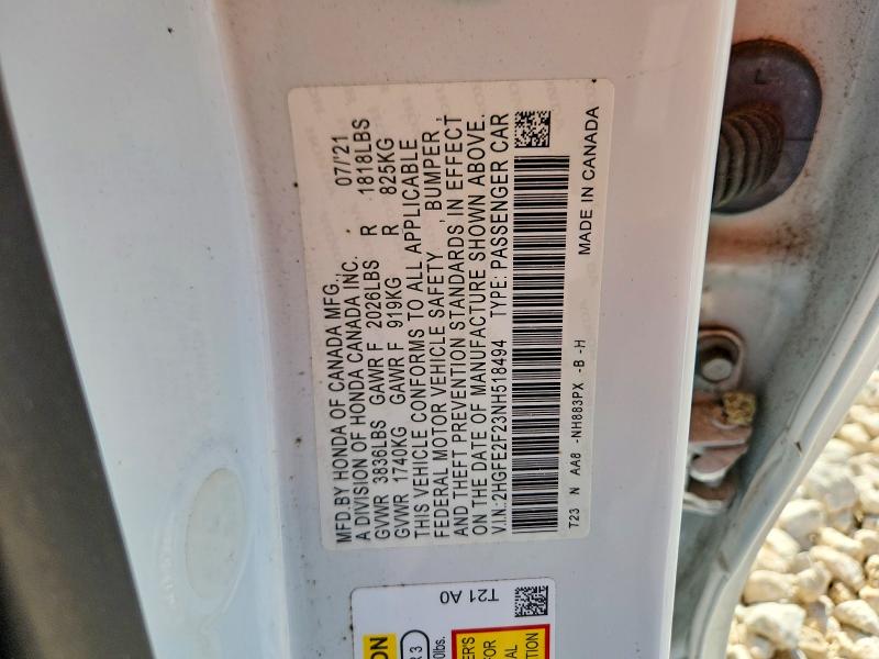 Продажа на аукционе авто 2022 Honda Civic, vin: 2HGFE2F23NH518494, номер лота: 61721486