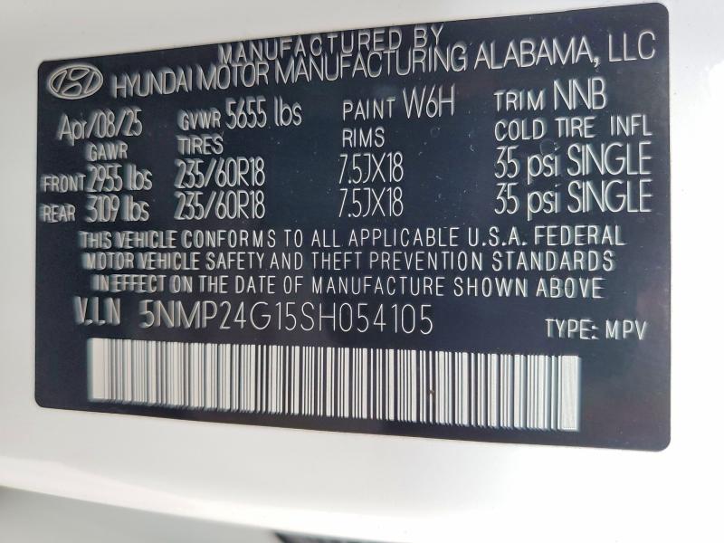 2025 Hyundai Santa Fe მანქანა იყიდება აუქციონზე, vin: 5NMP24G15SH054105, აუქციონის ნომერი: 61748406