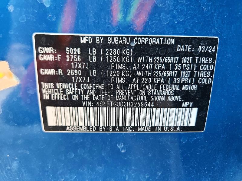 Aukcja sprzedaży 2024 Subaru Outback, vin: 4S4BTGUD3R3259644, numer aukcji: 61404436