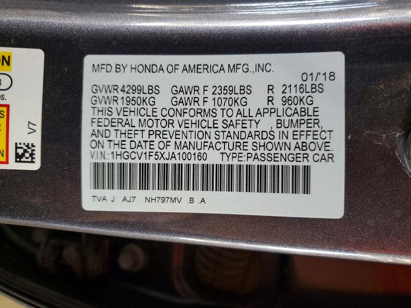 62303036 :رقم المزاد ، 1HGCV1F5XJA100160 vin ، 2018 Honda Accord مزاد بيع