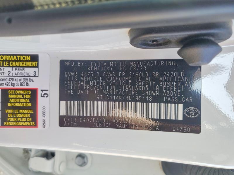 2024 Toyota Camry მანქანა იყიდება აუქციონზე, vin: 4T1C11AK7RU195418, აუქციონის ნომერი: 58996396