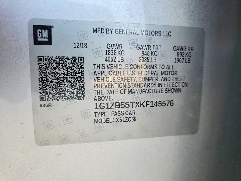 2019 Chevrolet Malibu მანქანა იყიდება აუქციონზე, vin: 1G1ZB5STXKF145576, აუქციონის ნომერი: 60008196