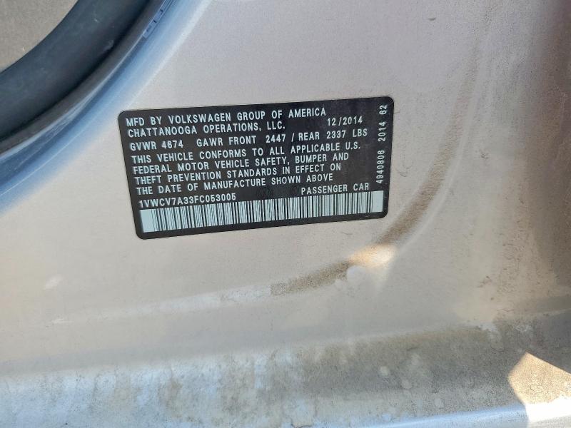 Продаж на аукціоні авто 2015 Volkswagen Passat, vin: 1VWCV7A33FC053005, номер лоту: 62703746