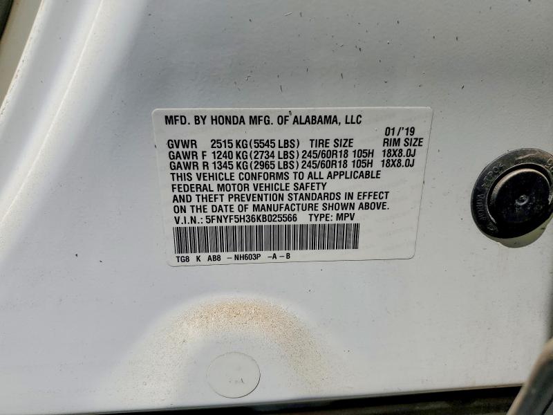 62220416 :رقم المزاد ، 5FNYF5H36KB025566 vin ، 2019 Honda Pilot مزاد بيع