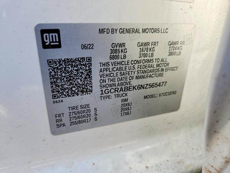 Aukcja sprzedaży 2022 Chevrolet Silverado, vin: 1GCRABEK6NZ565477, numer aukcji: 63533166