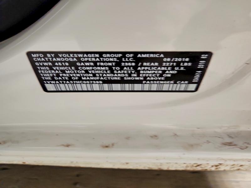 2017 Volkswagen Passat მანქანა იყიდება აუქციონზე, vin: 1VWAT7A37HC007399, აუქციონის ნომერი: 62508526