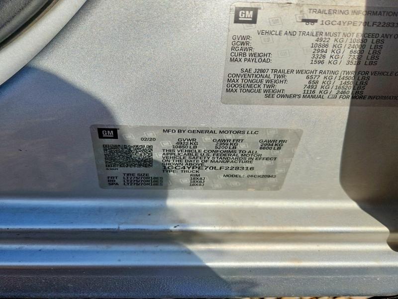 62103966 :رقم المزاد ، 1GC4YPE70LF228316 vin ، 2020 Chevrolet Silverado مزاد بيع