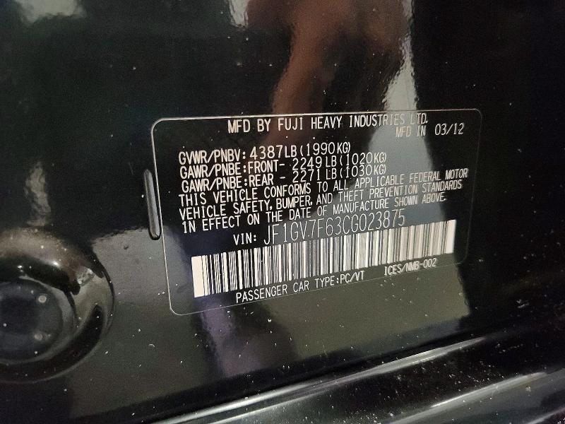 Продажа на аукционе авто 2012 Subaru Impreza, vin: JF1GV7F63CG023875, номер лота: 61781926