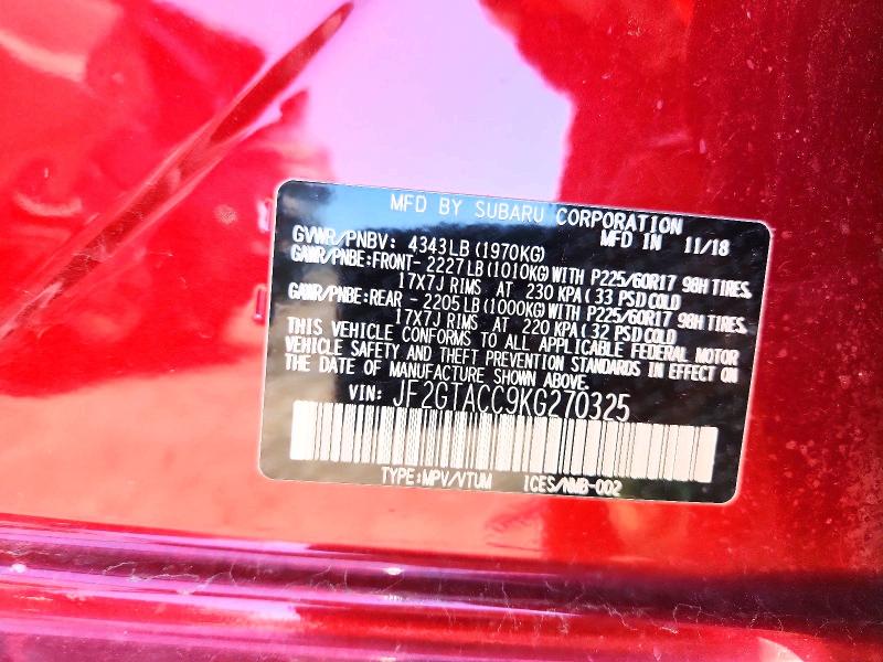 Aukcja sprzedaży 2019 Subaru Crosstrek, vin: JF2GTACC9KG270325, numer aukcji: 62411596