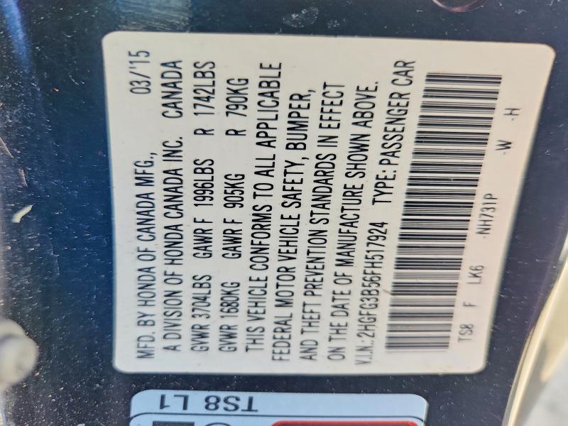 Aukcja sprzedaży 2015 Honda Civic, vin: 2HGFG3B56FH517924, numer aukcji: 59903106