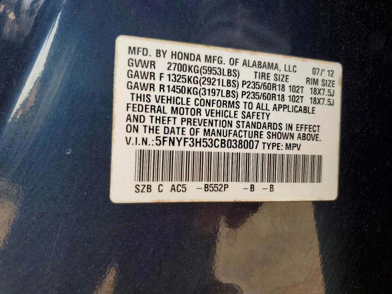 2012 Honda Pilot მანქანა იყიდება აუქციონზე, vin: 5FNYF3H53CB038007, აუქციონის ნომერი: 63116146