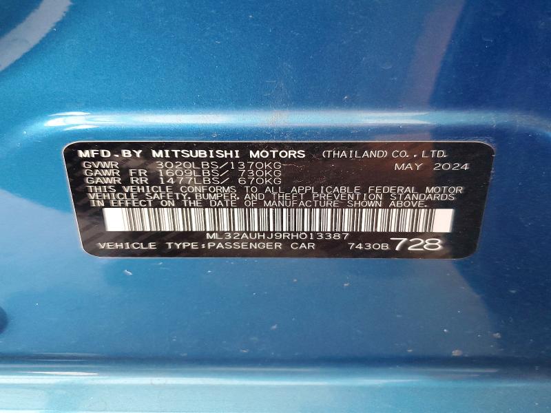 2024 Mitsubishi Mirage მანქანა იყიდება აუქციონზე, vin: ML32AUHJ9RH013387, აუქციონის ნომერი: 61165036