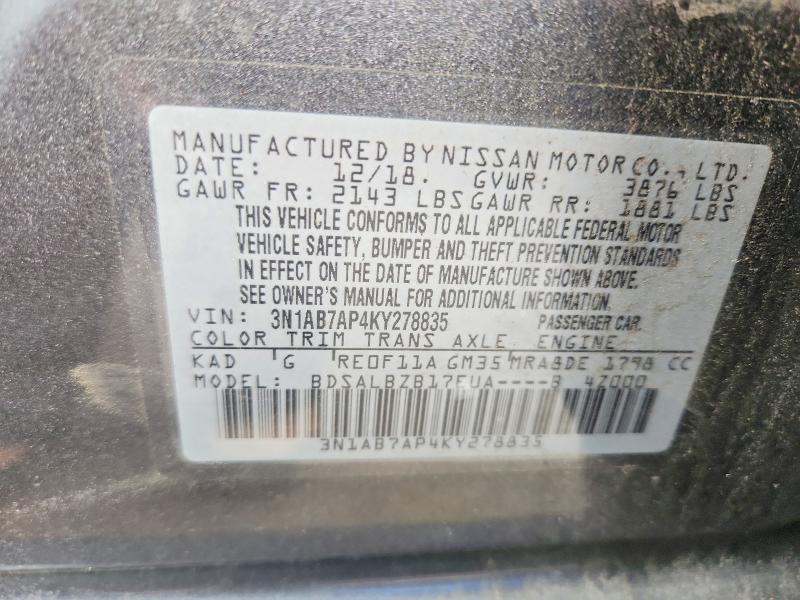 58160536 :رقم المزاد ، 3N1AB7AP4KY278835 vin ، 2019 Nissan Sentra مزاد بيع